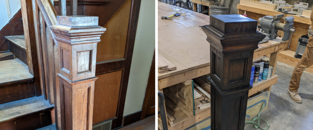 A Newell post found at an old farmhouse (left) was refinished by Mark's team (right).